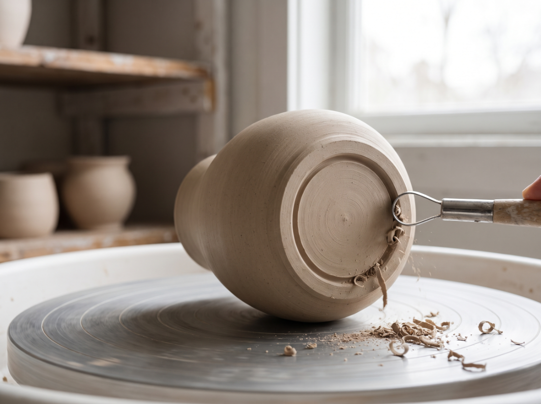 A pottery trimming process step in the Tiny Porcelain studio