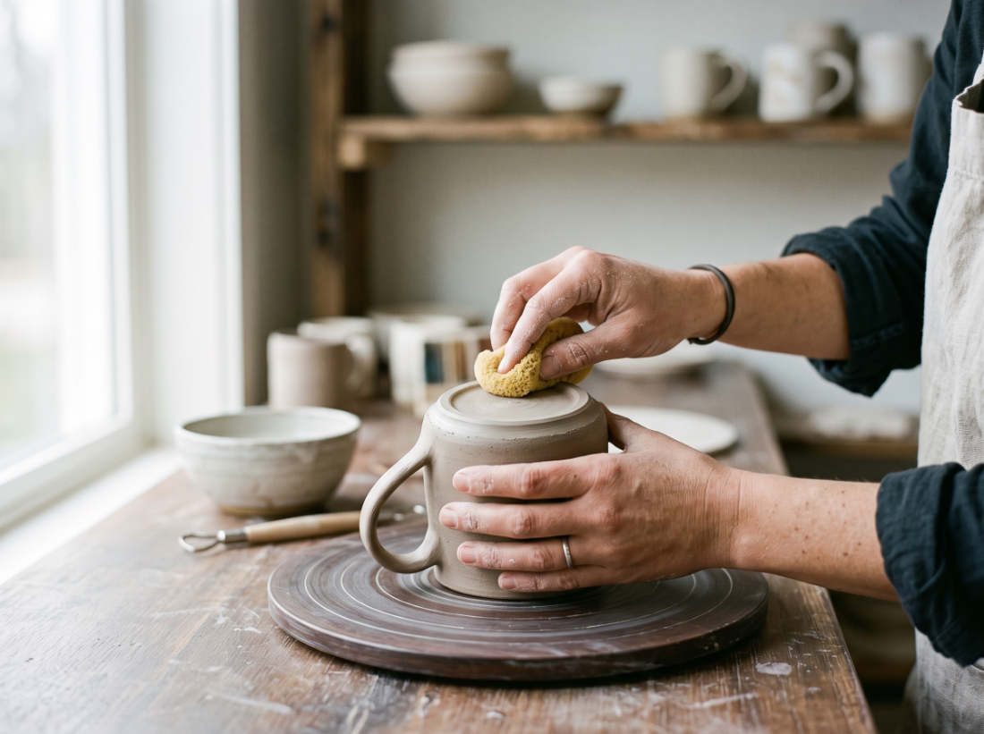 A pottery trimming process step in the Tiny Porcelain studio