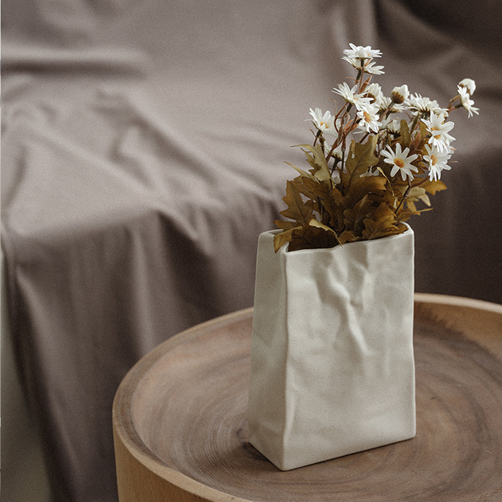 8" Cream Color Paper Bag Shaped Ceramic Vase