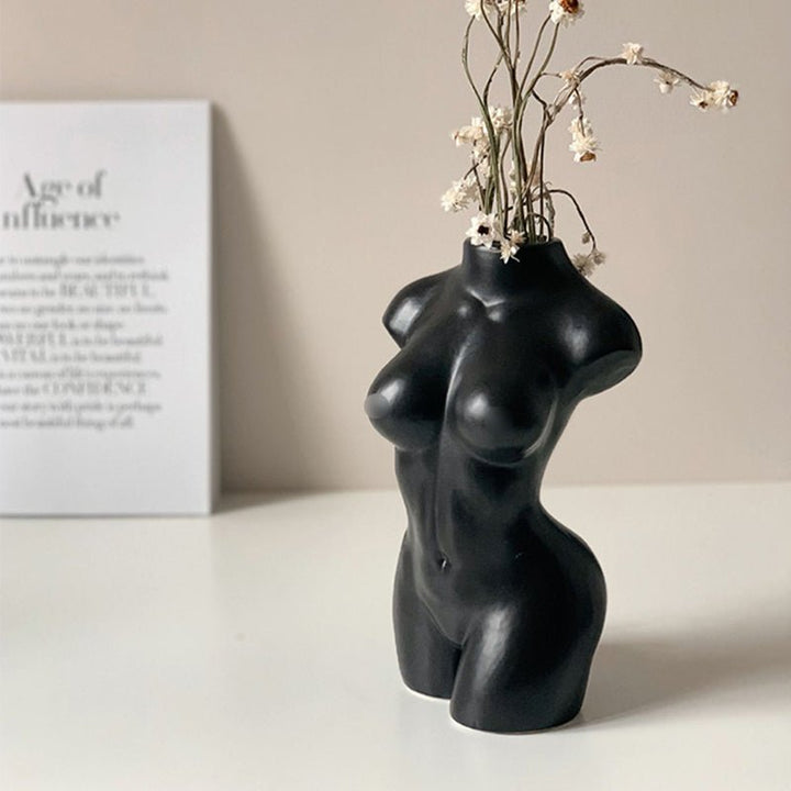 Female Body Shape Bust White Ceramic Vase - Black and White Vases - Tiny Porcelain