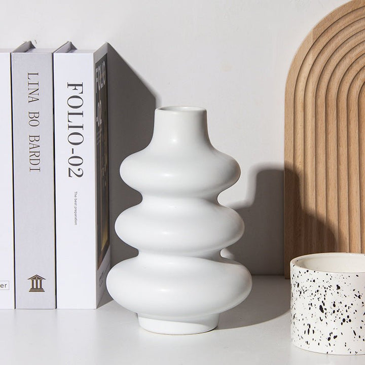 Rippled White/Black Ceramic Vase – Modern Sculptural Design - Tiny Porcelain