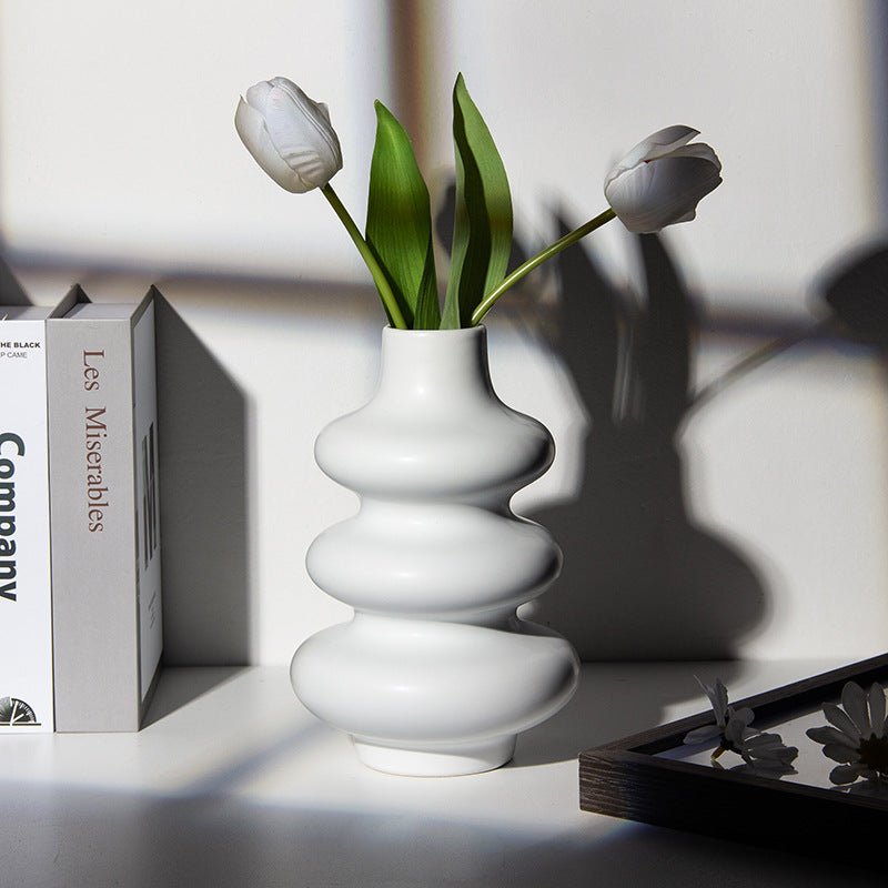 Rippled White/Black Ceramic Vase – Modern Sculptural Design - Tiny Porcelain